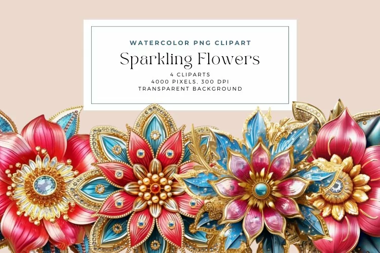 4 Watercolor Sparkling Flowers Clipart