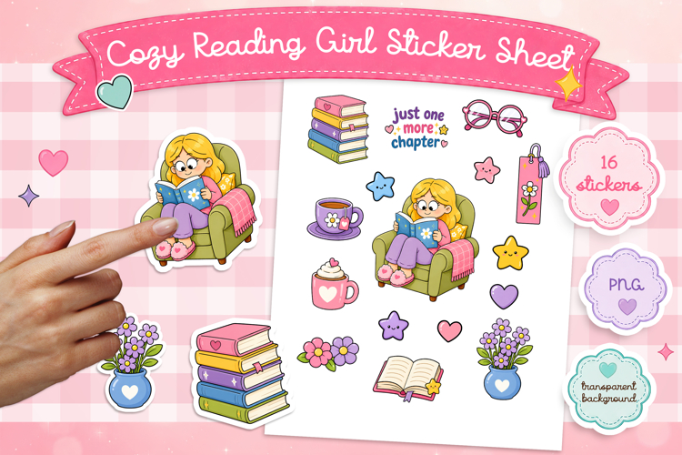 Cozy Reading Girl Sticker Sheet PNG, Cute Book Lover Set.