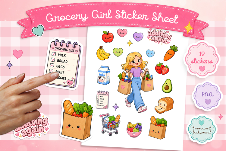 Grocery Girl Sticker Sheet PNG, Cute Shopping Stickers,