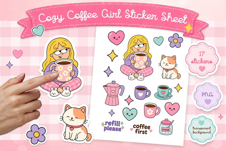 Cozy Coffee Girl Sticker Sheet PNG, Kawaii Sticker Set.