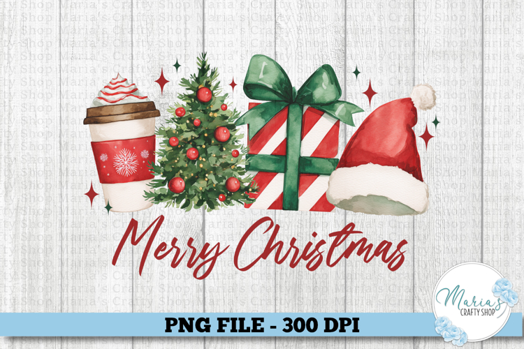 Merry Christmas PNG clipart, Coffee, Tree, Gift, Santa Hat