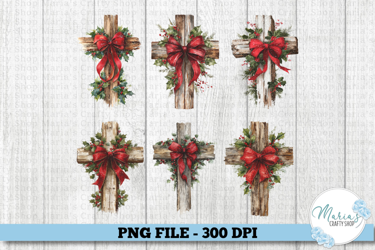Christian Christmas Cross with red Bows PNG, Set of 6