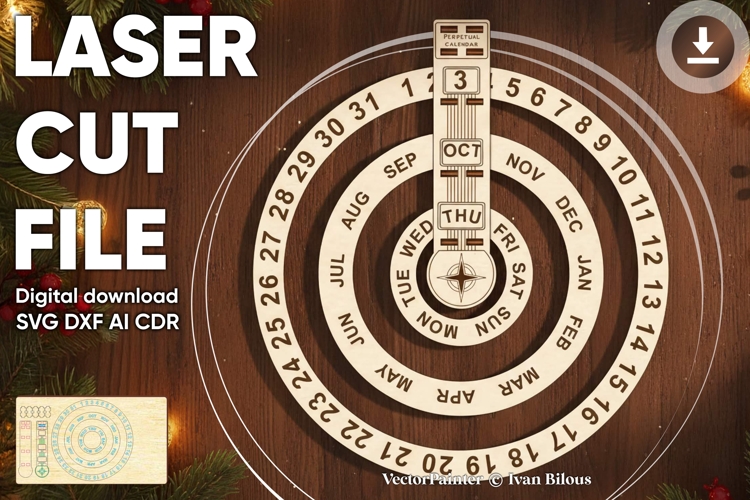 Perpetual Calendar - laser cut file, SVG DXF plan for CNC
