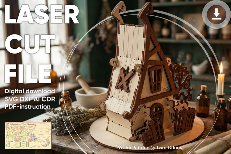 Witch house - laser cut file, Halloween house pattern