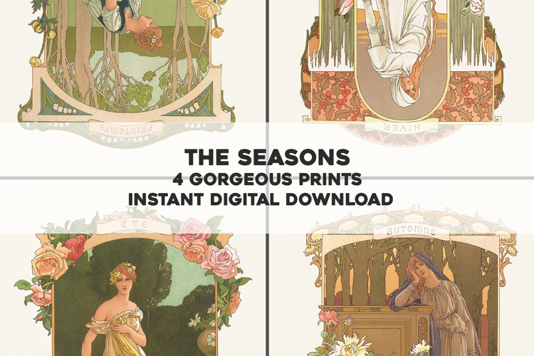 4 Vintage Art Nouveau Ornamental Artworks of the Seasons
