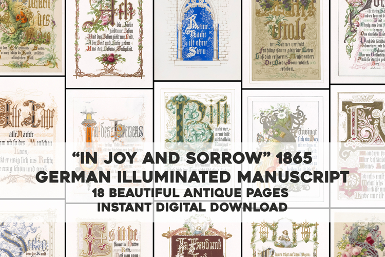 18 Illuminated German Poetry Manuscript Pages from 1865