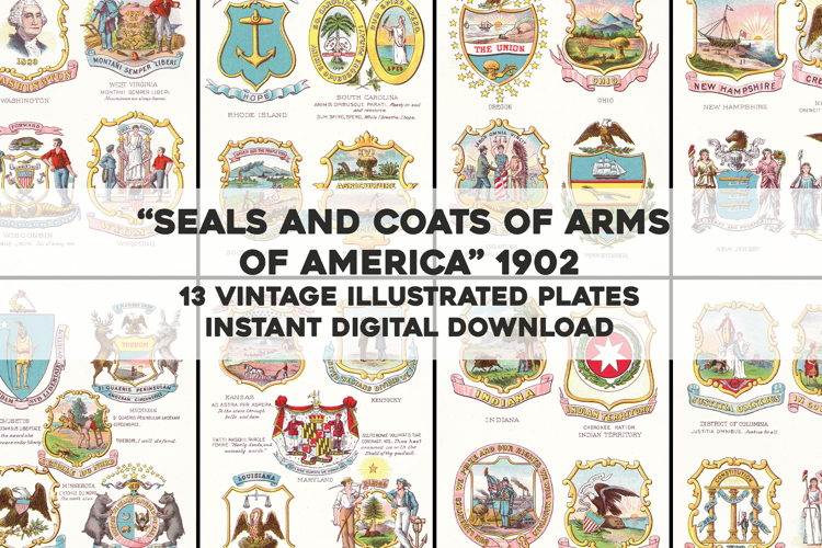 13 Vintage Pages of Seals and Coats of Arms of America