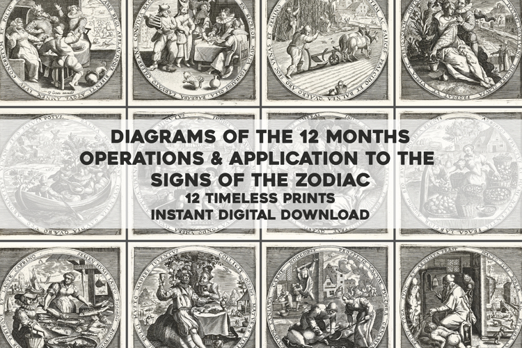 12 Vintage Zodiac Themed Calendar Pages Image Bundle