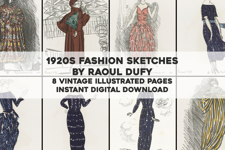 8 Authentic Vintage 1920s Fashion Sketches - Image Bundle
