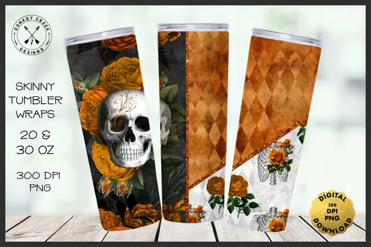 Halloween Tumbler Sublimation|Gothic Floral Skulls PNG