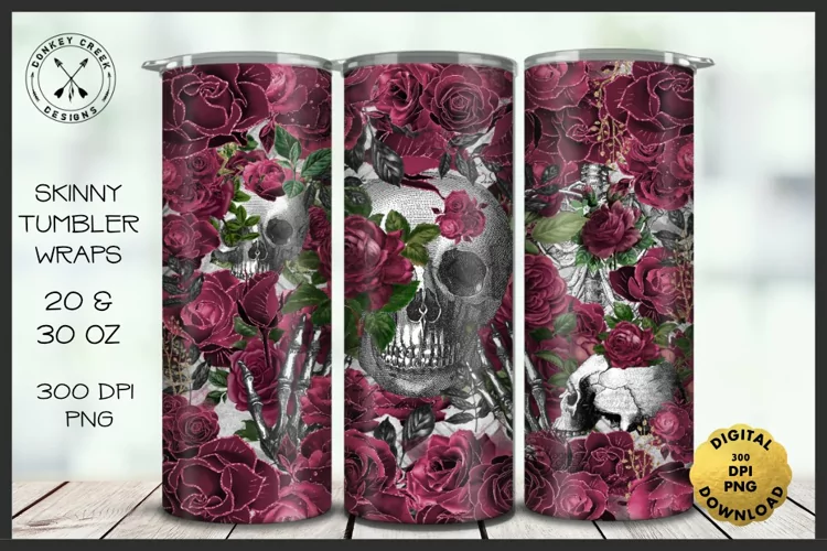 Skull Tumbler Wrap|Skulls & Roses|Gothic Sublimation Design