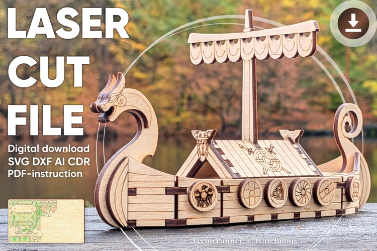 Viking Ship Laser Cut File, 3D SVG Model Plan for DIY
