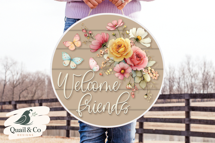 Welcome Friends Door Hanger PNG, Floral Sign Sublimation