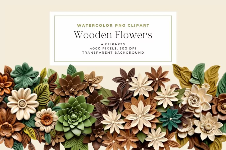 4 Watercolor Wooden Flowers Clipart