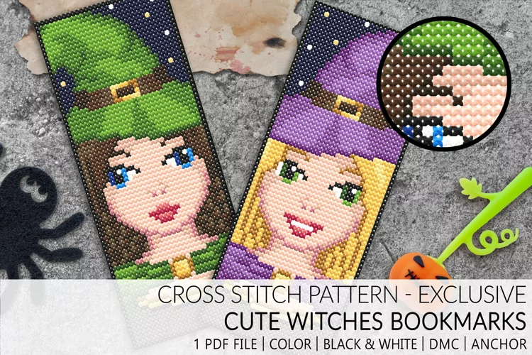 2 Bookmarks Cute witches Cross Stitch pattern