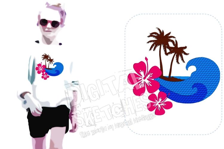 Island Palms Waves Hibiscus Embroidery Design example image 1