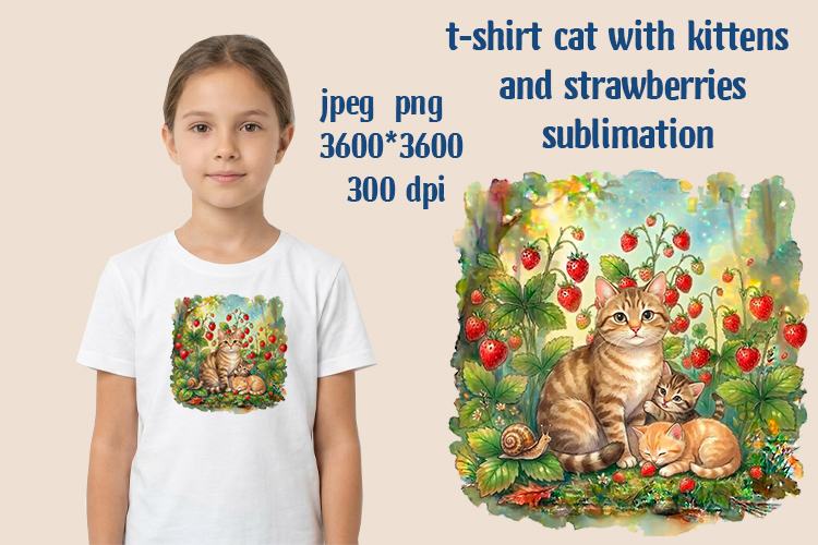 T-shirt cat with kittens and strawberries sublimation