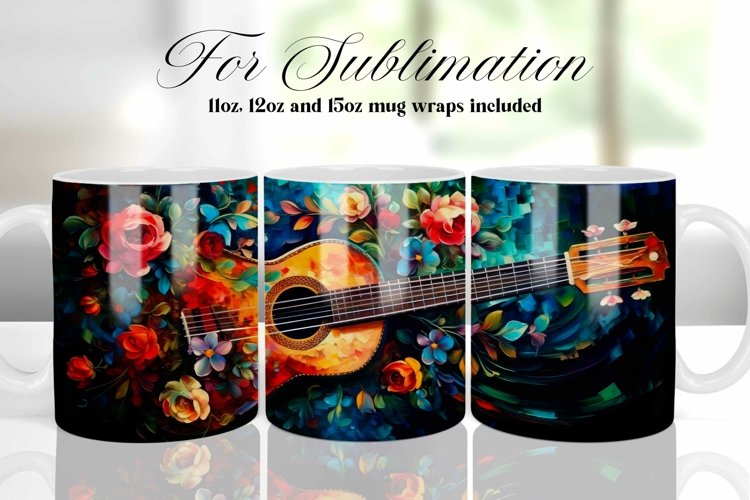 GUITAR AND FLOWERS COFFEE MUG WRAP SUBLIMATION DESIGN