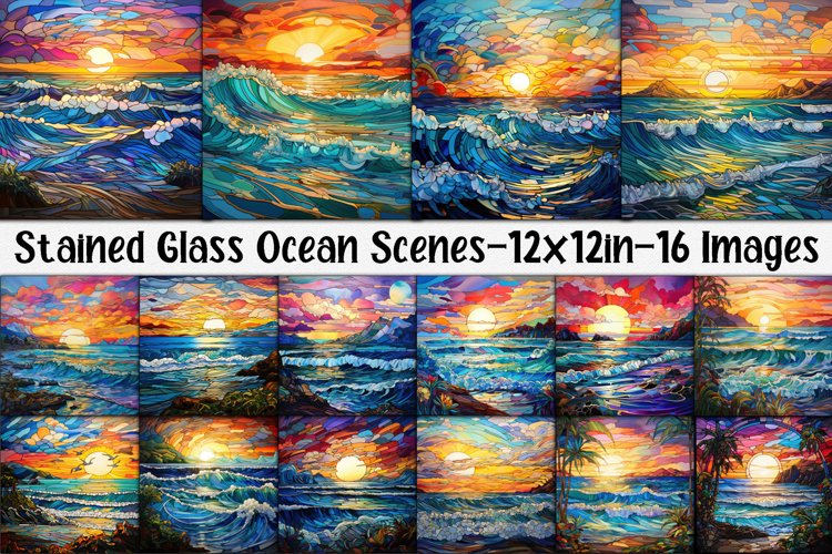 Stained Glass Ocean Scenes Digital Papers example image 1