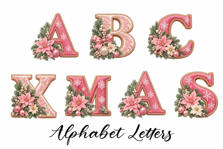 Pink Christmas Alphabet, Monograms, Letters PNG