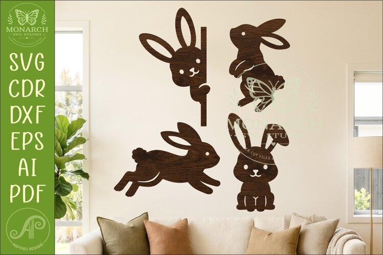 Cute Bunny Silhouettes, Easter Rabbit Laser Cut Files 2 example image 1