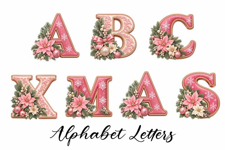 Pink Christmas Alphabet, Christmas Monograms, Letters PNG example image 1
