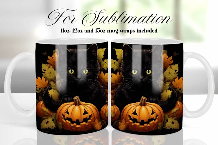 FALL BLACK CAT COFFEE MUG WRAP SUBLIMATION DESIGN example image 1