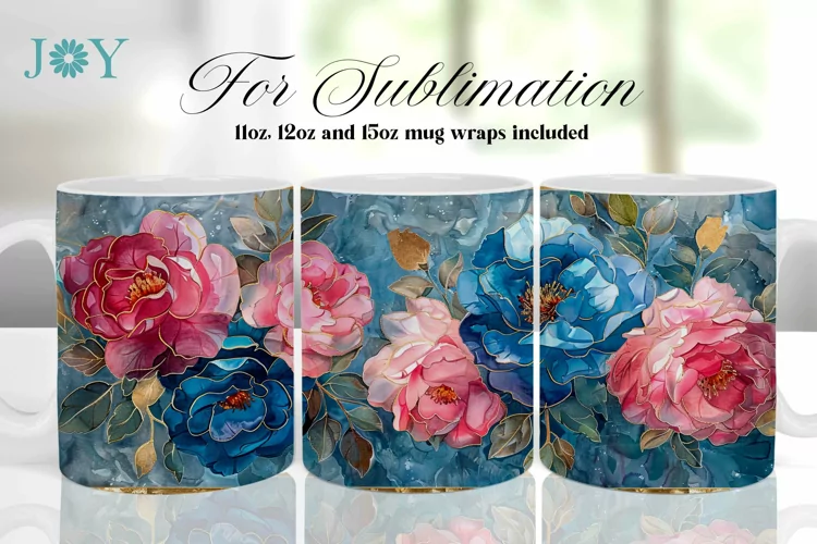 PINK AND BLUE ROSES COFFEE MUG WRAP SUBLIMATION DESIGN