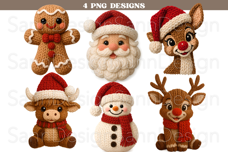 Crochet Yarn Christmas PNG Bundle, Faux Knit Santa Reindeer