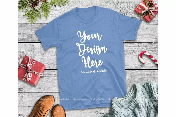 Christmas Carolina Blue Shirt Mockup Gildan 64000 Flat Lay