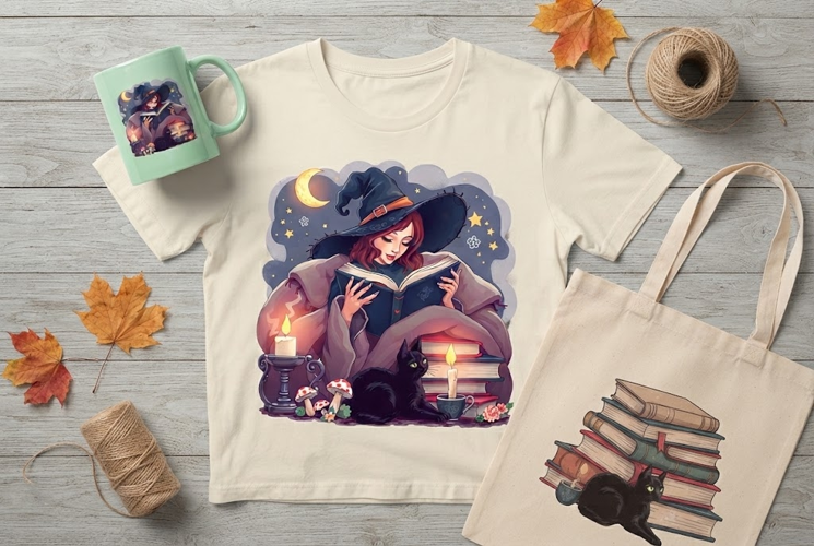 Witch Reading Book PNG | Cozy Halloween Witch & Cat Clipart