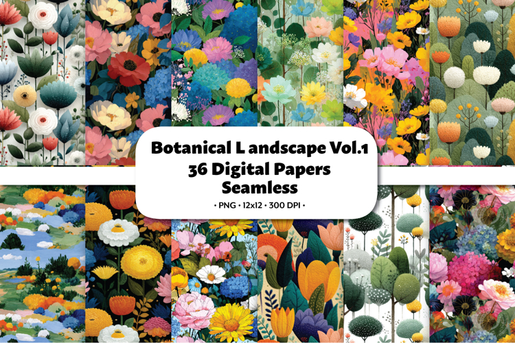 Botanical Landscape Vol.1 Seamless Digital Paper, 36 PNG