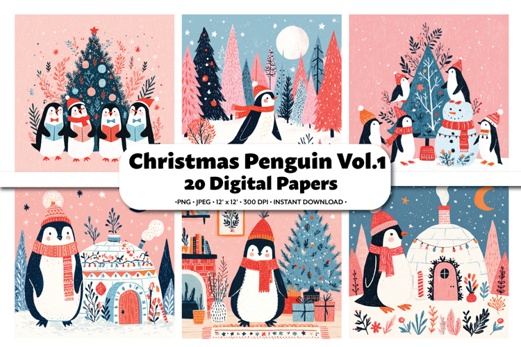 Christmas Penguin Digital Paper Pack, 20 PNG and JPEG