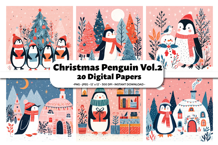 Christmas Penguin Vol.2 Digital Paper Pack, 20 PNG and JPEG