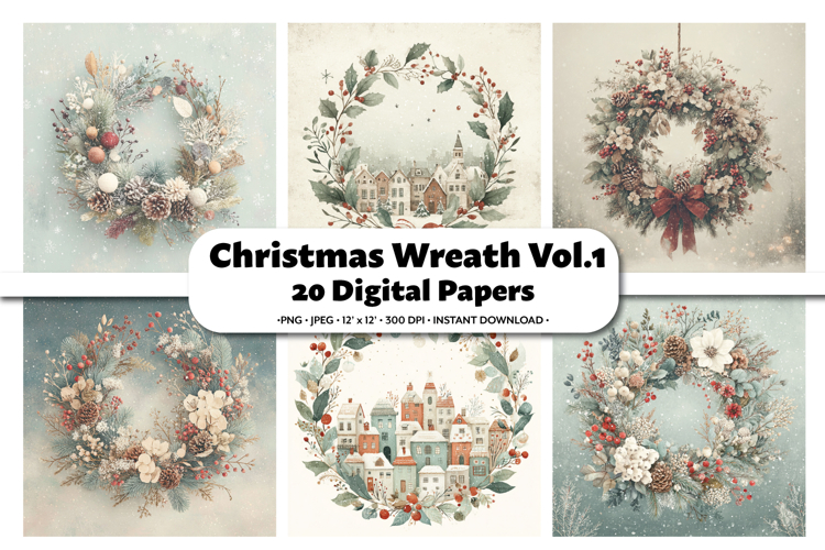 Christmas Wreath Digital Paper Pack, 20 PNG and JPEG