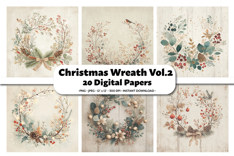 Christmas Wreath Digital Paper Pack vol.2, 20 PNG and JPEG