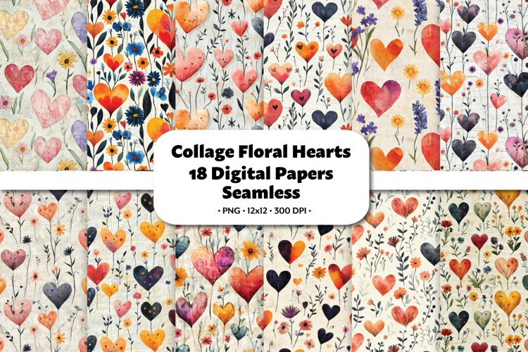 Collage Floral Hearts Seamless Digital Paper,18 PNG