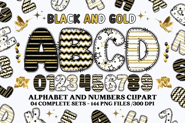Black and Gold Alphabet png clipart, gold letters doodle
