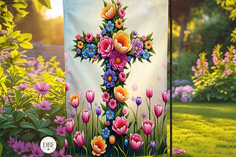 Flowers Cross Garden Flag example image 1