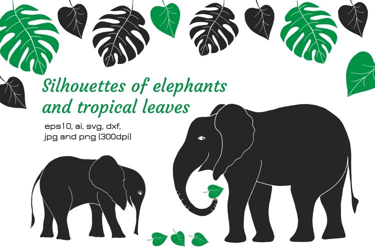 Digital silhouettes of elephants and tropical leaves example image 1