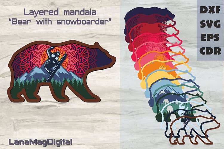 Bear with Snowboarder Mountain sunset Layered mandala SVG example image 1