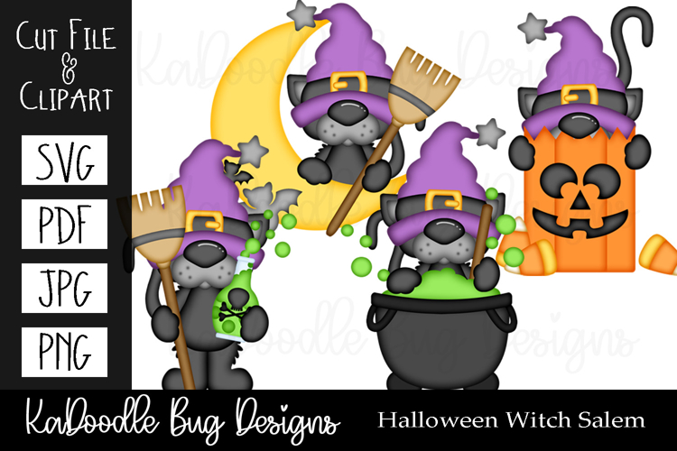 Halloween Witch Salem Cat SVG PDF Cut File, Clipart PNG JPEG