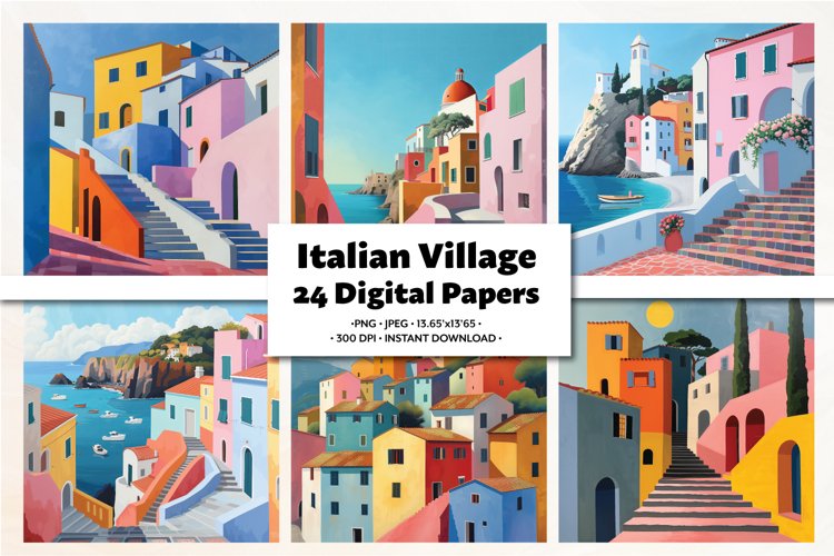 Italian Village Digital Paper Pack, 24 PNG and JPEG images