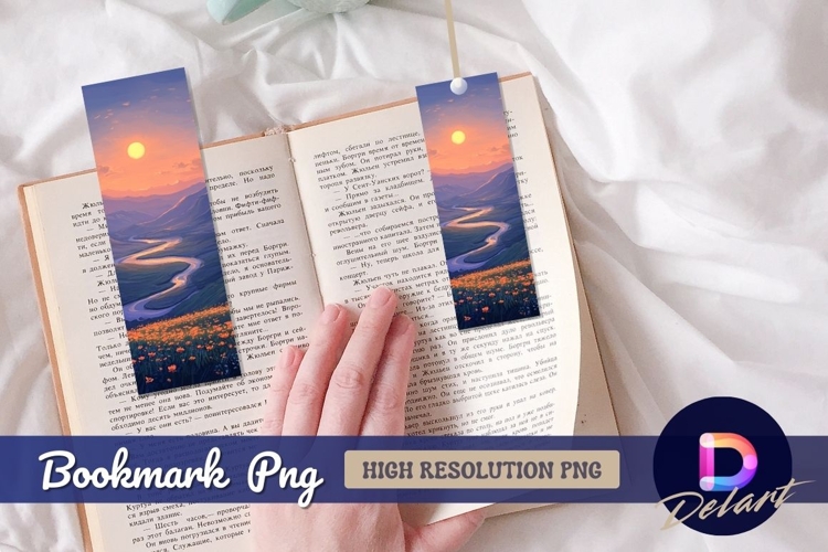 Scenic landscape river sunset with flowers Bookmark PNG