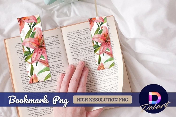Watercolor lily flowers and green leaves Bookmark PNG