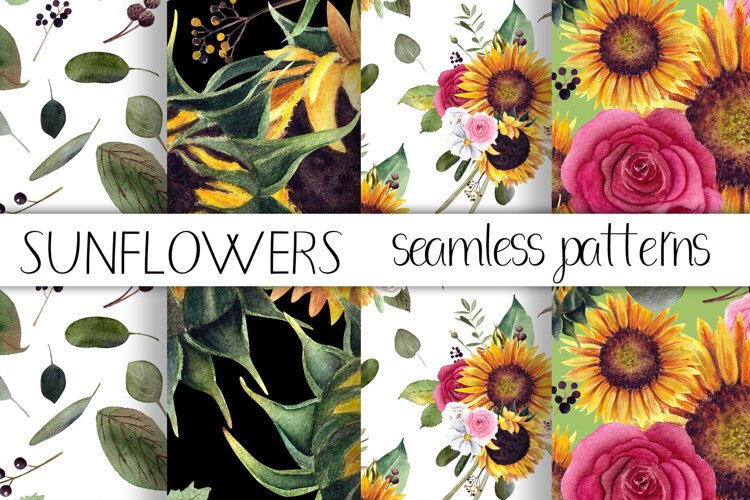 Watercolor sunflower digital paper. Seamless pattern example image 1