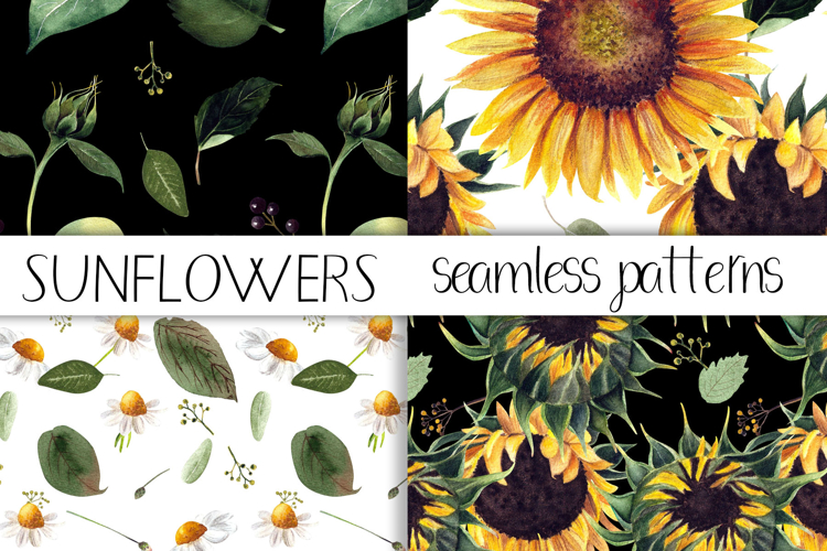 Watercolor sunflower digital paper. Seamless pattern