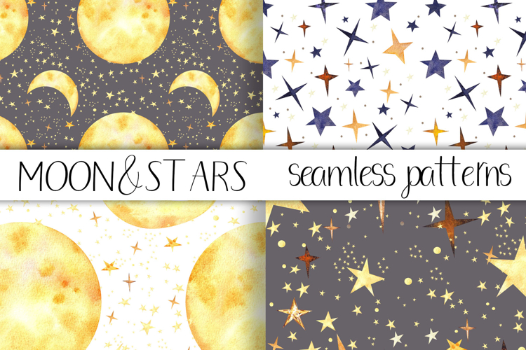 Watercolor Moon and Stars Seamless Patterns