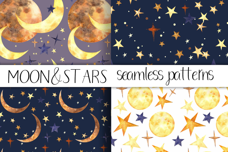 Watercolor Moon and Stars Seamless Patterns