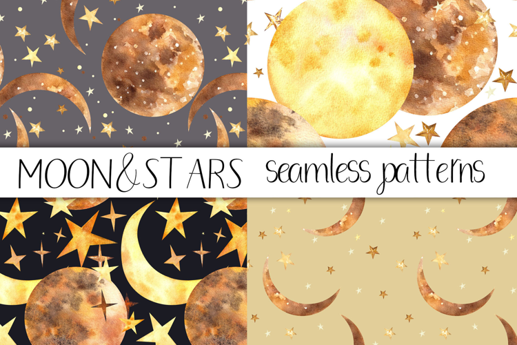 Watercolor Moon and Stars Seamless Patterns